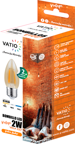 BOMBILLO LED FILAMENTO VELA 2W E27 ÁMBAR 2700 K